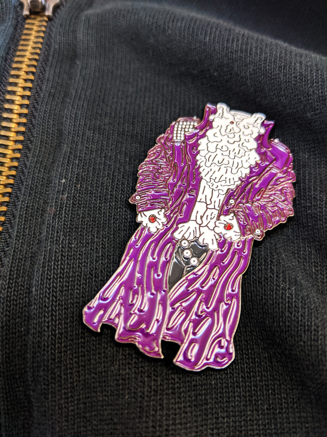 Prince 'Purple Rain' Jacket Enamel Pin - on hooded top