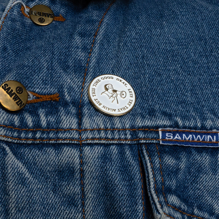 David Lynch 'This Time Good' Pin warn on denim jacket