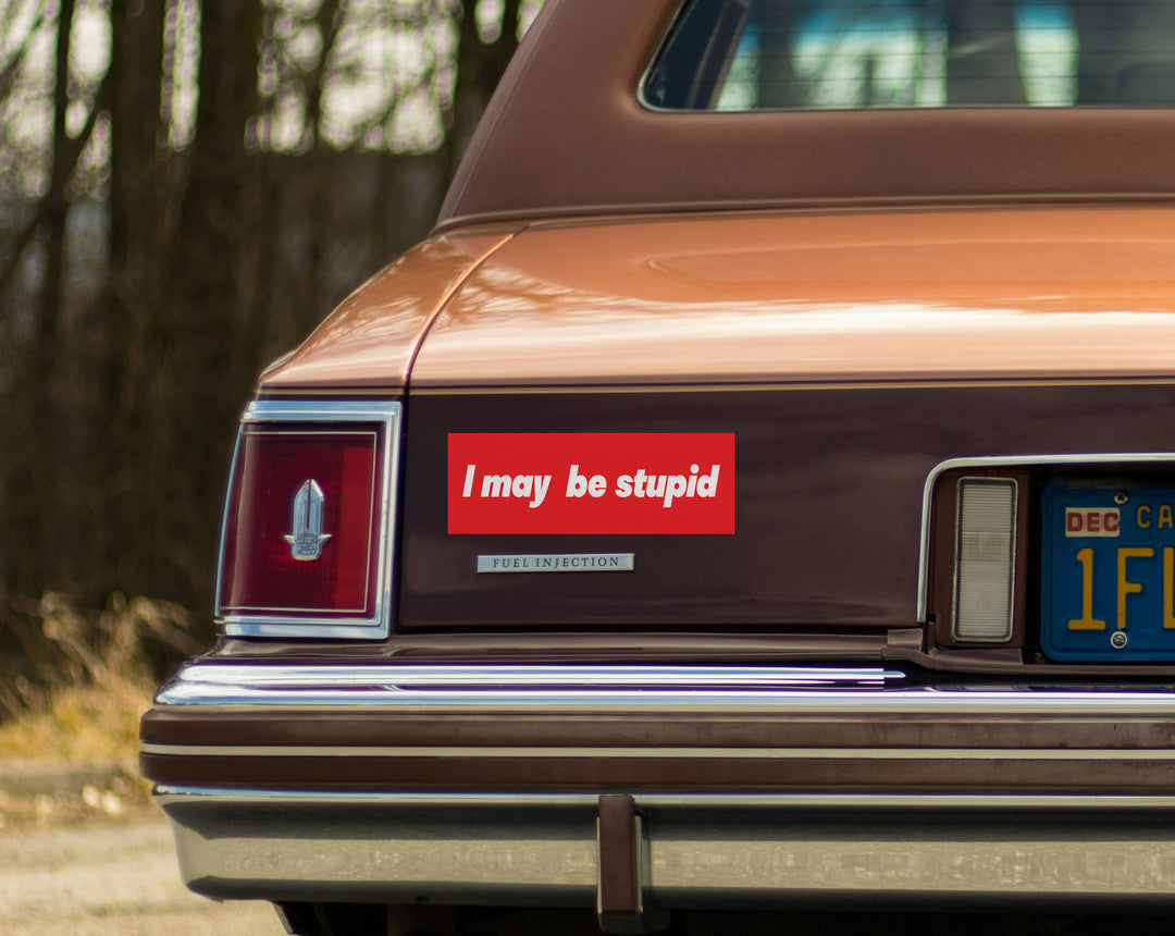 I May Be Stupid Sticker on car