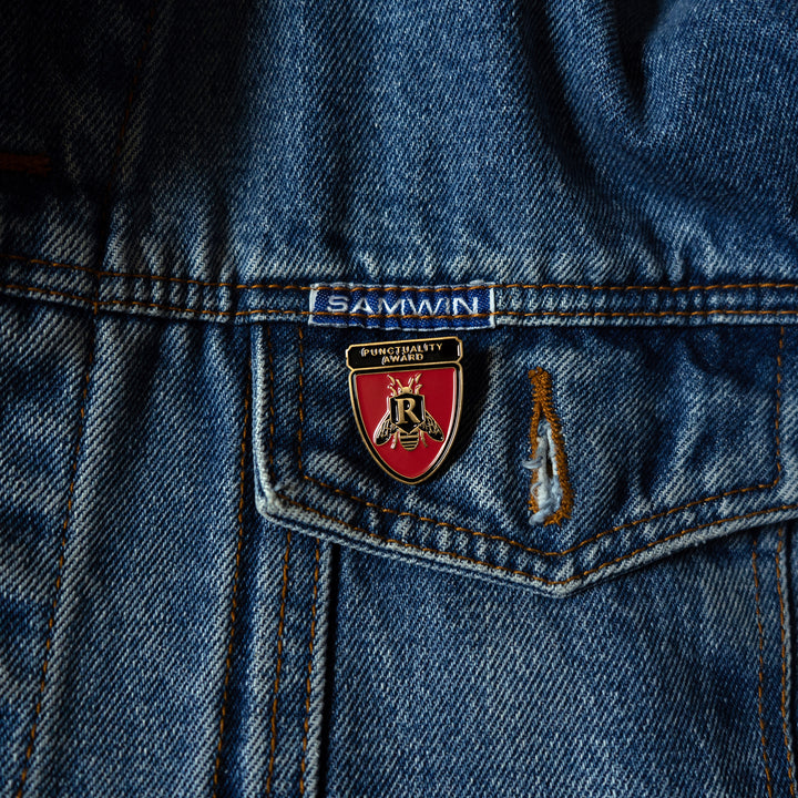 Punctuality Award enamel pin,  Rushmore Wes Anderson warn jacket